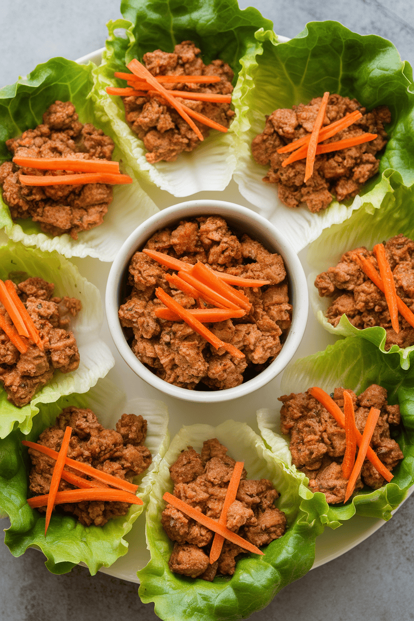 Indoor platter with butter lettuce cups filled with ground turkey teriyaki mixture, shredded carrots adding color, no logos or text.