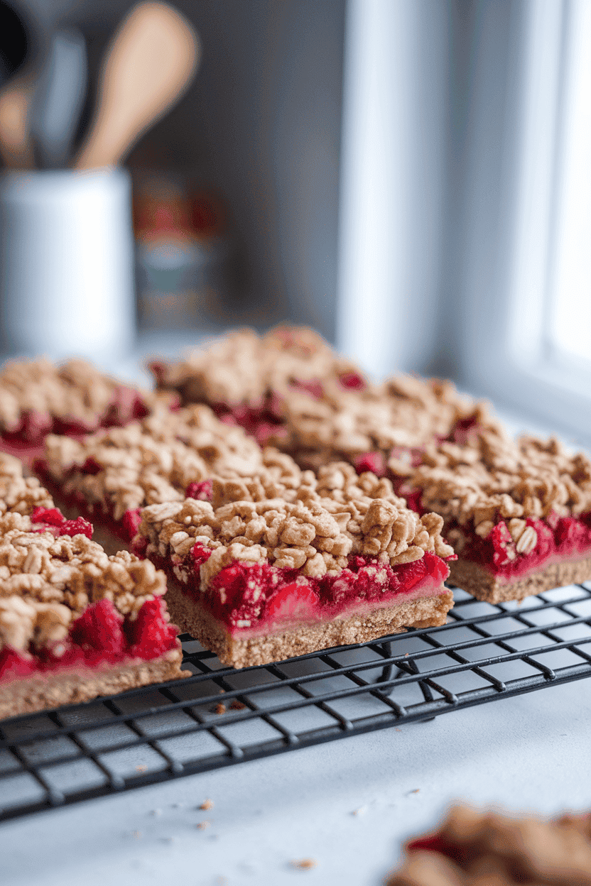 Indoor cooling rack with square strawberry oat crumble bars, fruit layer visible between crust and topping. No text or logos, photo only.