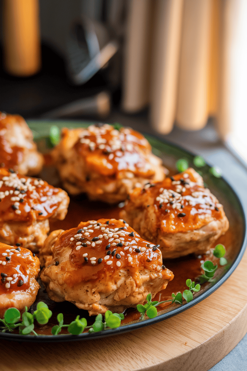 Indoor photo of baked chicken thighs coated in glossy teriyaki sauce, sprinkled with sesame seeds, arranged on a platter; no text or logos.