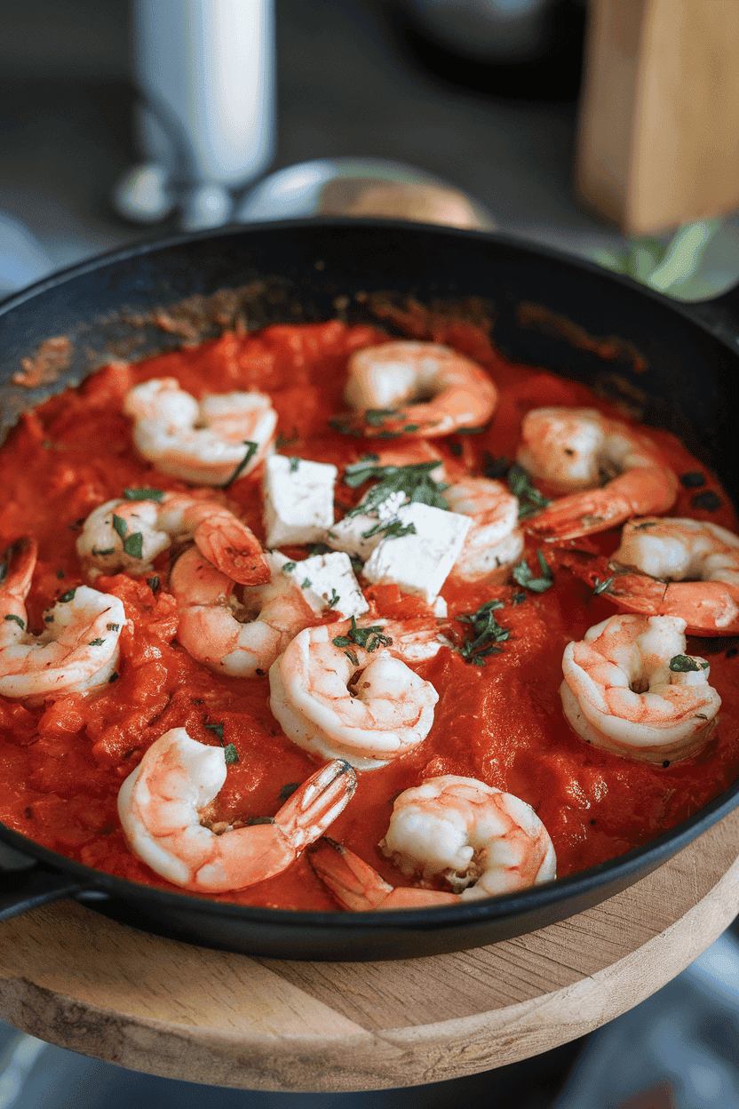 A warmly lit indoor skillet filled with cooked shrimp in tomato sauce topped with melted feta and herbs. No text or logos anywhere.