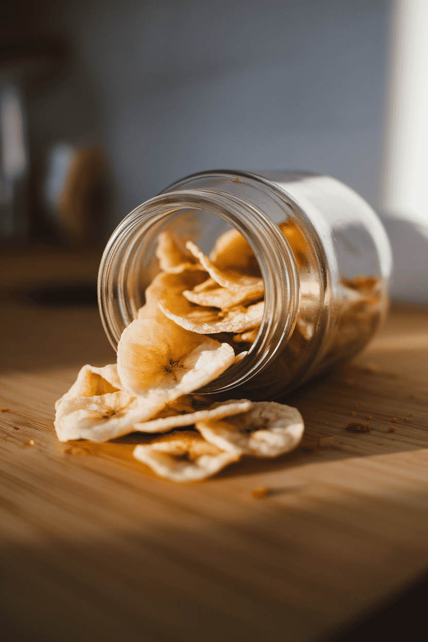 An indoor mason jar tipped on its side with crisp dehydrated banana chips spilling onto a wooden surface. No logos or text visible.