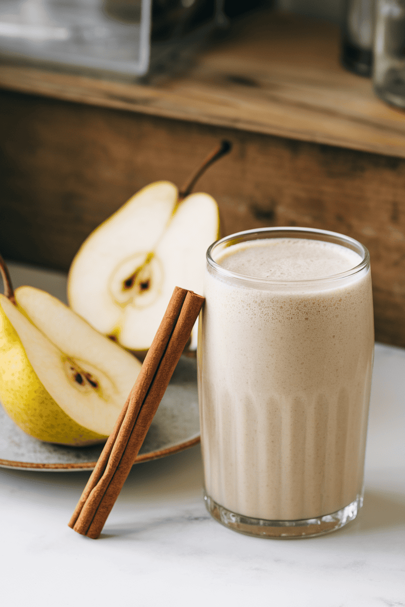 An indoor scene with a creamy off-white smoothie, sliced pear fan, and a cinnamon stick leaning against the glass. Photo, no text or logos.