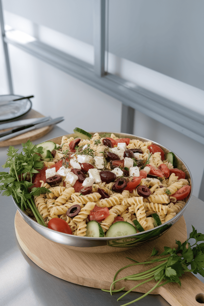 Indoor photo of a large bowl of Greek pasta salad—rotini tossed with cucumbers, tomatoes, olives, and feta—bright kitchen lighting; no text or logos.