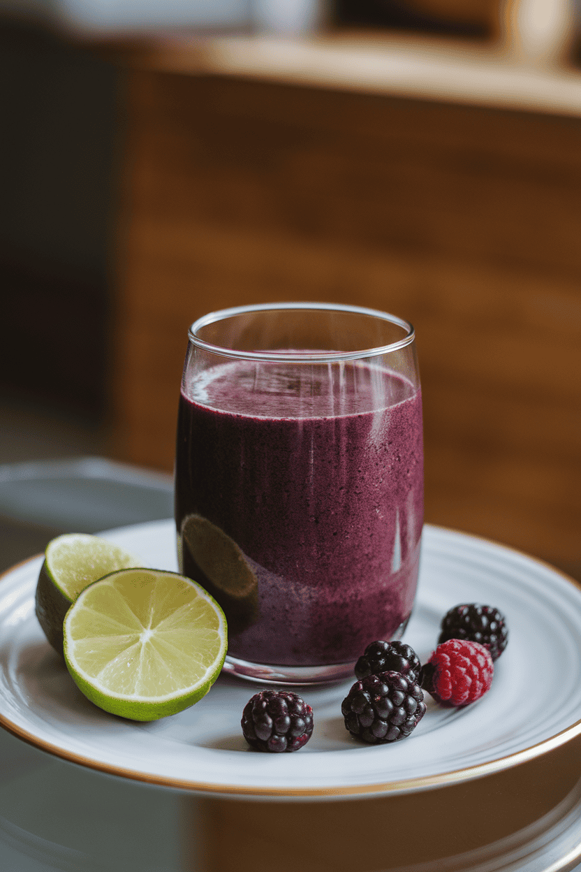 Indoor setting featuring a deep purple smoothie in a clear glass, a cut lime and scattered blackberries on a white plate. Photo, no text or logos.