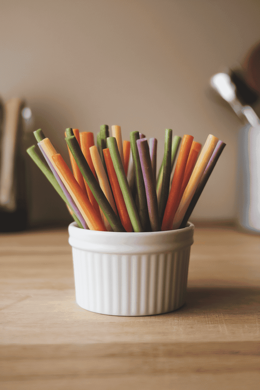 A plain white ramekin indoors overflowing with multi-colored veggie straws under soft, even lighting. No text or logos in frame, photo only.