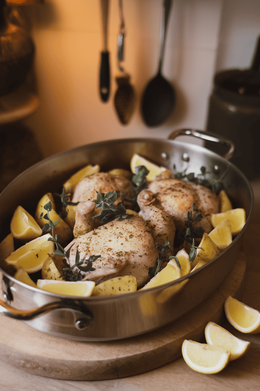 Photo of a roasting pan containing bone-in chicken pieces nestled among lemony potato wedges and oregano sprigs; warm indoor lighting; no text or logos.