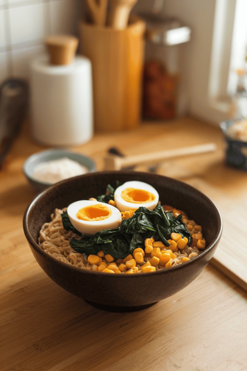Indoor kitchen counter showing a deep bowl of cooked ramen noodles topped with sautéed spinach, corn kernels, and a soft-boiled egg cut in half. No logos or text, cozy lighting. Photo only.