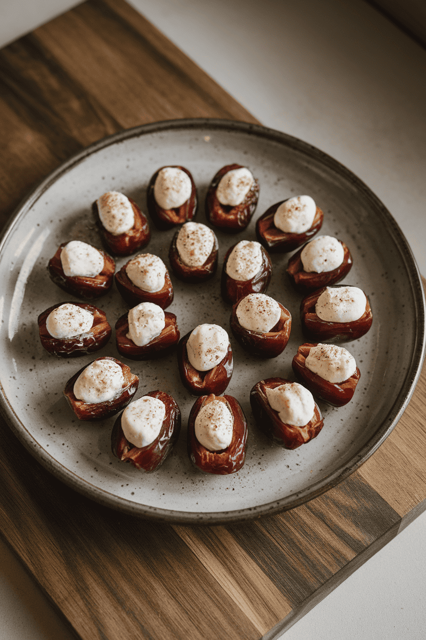 An indoor ceramic plate with glossy Medjool dates slit open and filled with small dollops of cream cheese, finished with a dusting of cracked pepper. No text or logos, photo style.