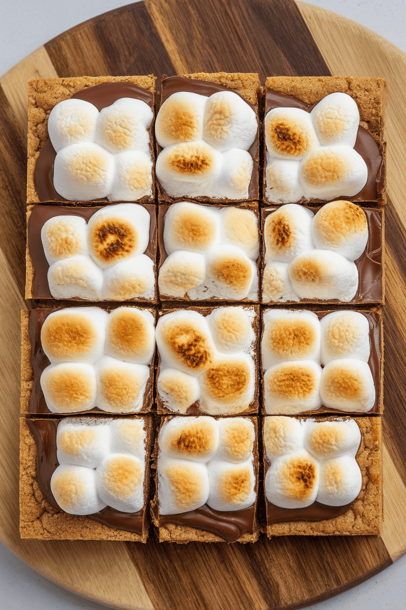 Indoor photo of graham-based cookie bars with melted chocolate layers and toasted mini marshmallows on top, slight overhead angle, no text or logos