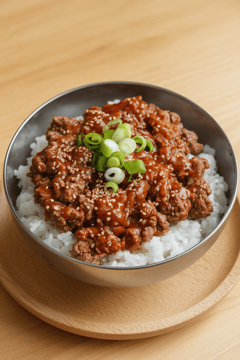 An indoor rice bowl topped with ground beef cooked in Korean-style sauce, sprinkled with sesame seeds and sliced green onions. No text or logos present.