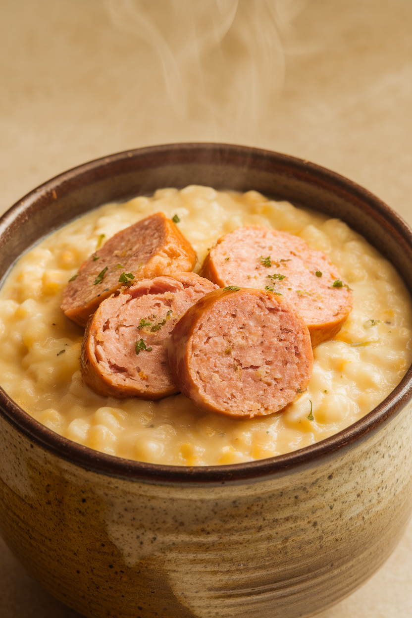 Photo indoors of a ceramic cup filled with creamy cheese grits, topped with sliced cooked chicken sausage rounds, steam faintly visible. No text or logos present.
