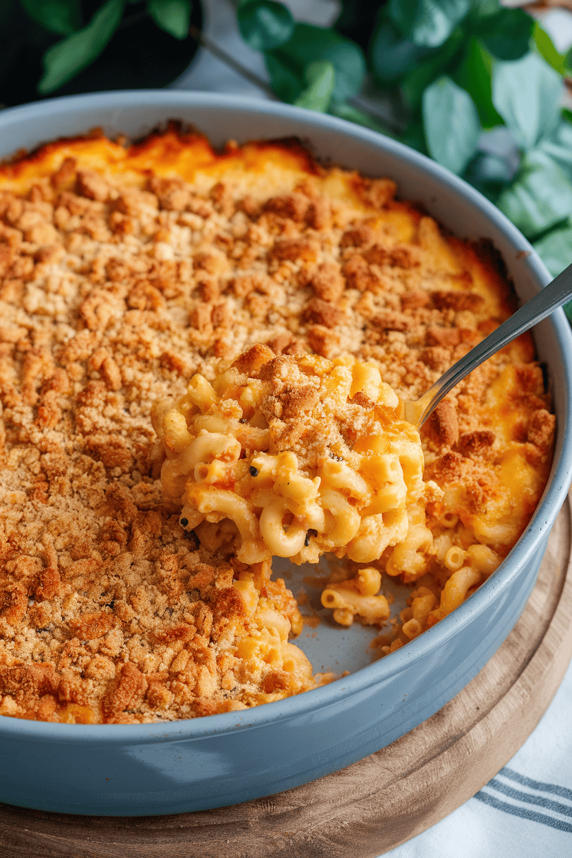 Indoor photo of a large baking dish with cheesy macaroni, browned breadcrumb topping, and a serving spoon breaking the surface; no text or logos.