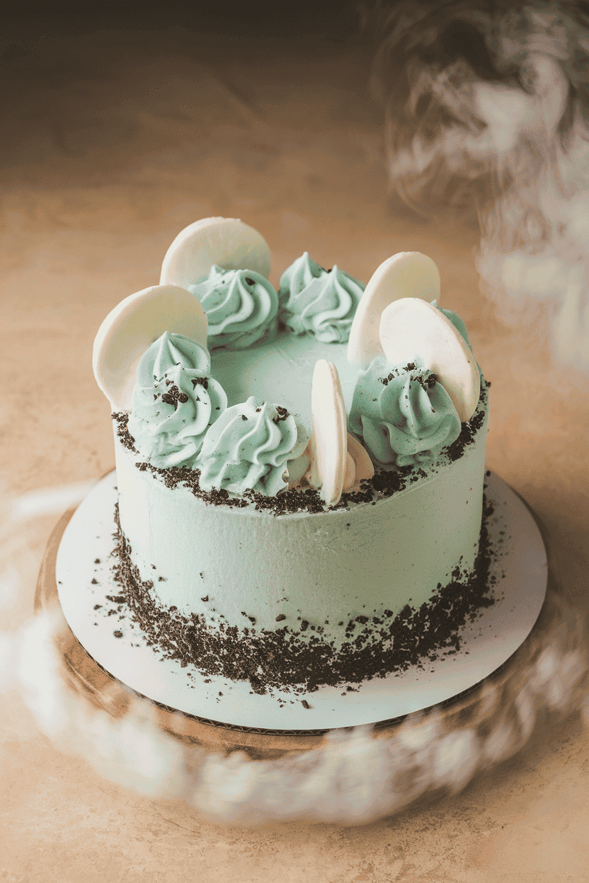 Indoor photo of a frosted ice cream cake with pale aqua whipped topping, white chocolate “foam” accents, and crushed cookie “sand” around the base; ample freezer mist; no text or logos.