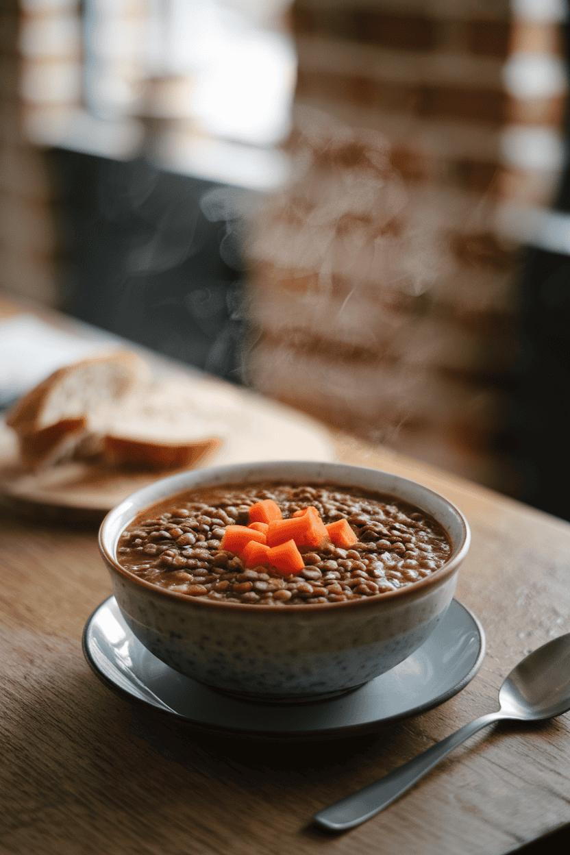 Photo of a steaming bowl of thick lentil soup with diced carrots, placed on a wooden indoor table; no text or logos.