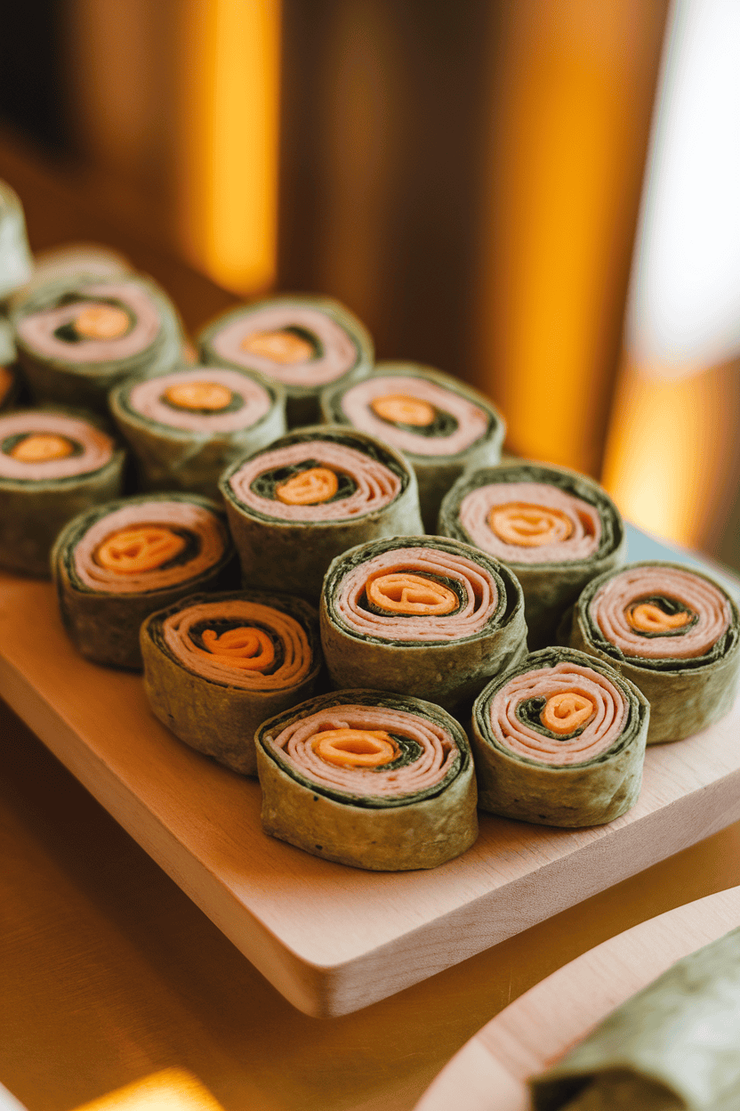A warmly lit indoor countertop displaying small pinwheel sandwiches—sliced turkey, cheddar, and spinach wrapped in spinach tortillas—stacked on a wooden board. No text or logos anywhere. Photo, not illustration.