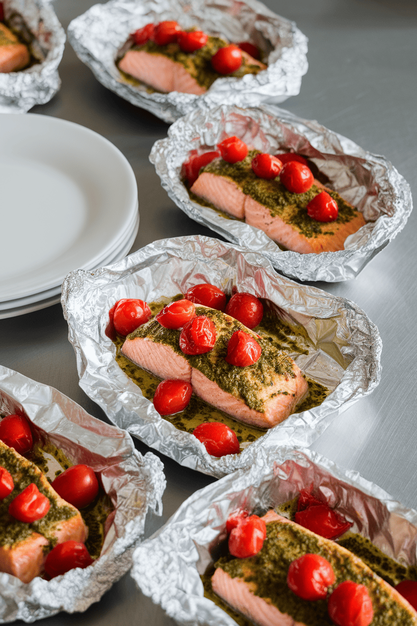 An indoor countertop view of opened foil packets revealing cooked salmon fillets coated in pesto with cherry tomatoes alongside. No text or logos visible.