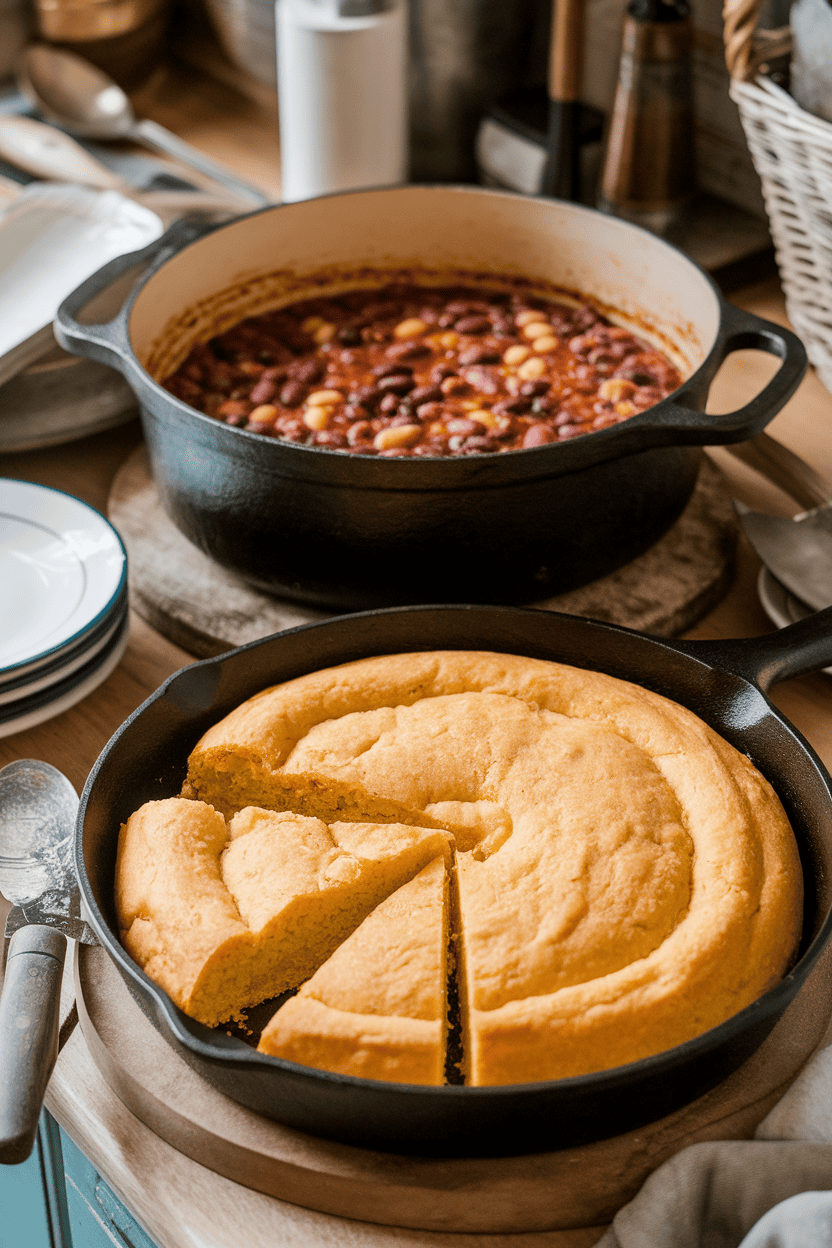A rustic indoor countertop scene with a cast-iron pot of three-bean chili and a skillet of golden cornbread just sliced. No text or branding.