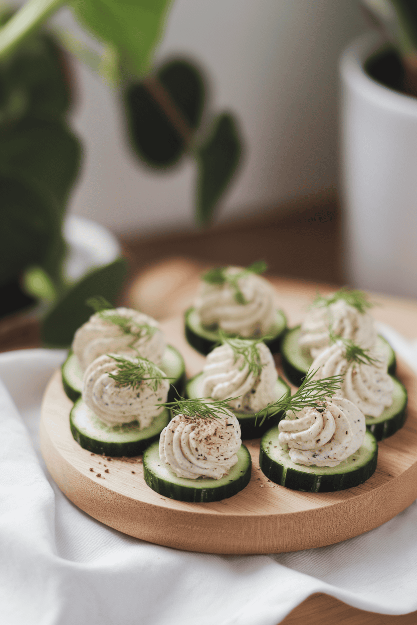 An indoor wooden board displaying thick cucumber coins topped with piped swirls of cream cheese flecked with fresh dill. Soft natural lighting; photo only, no logos or text.