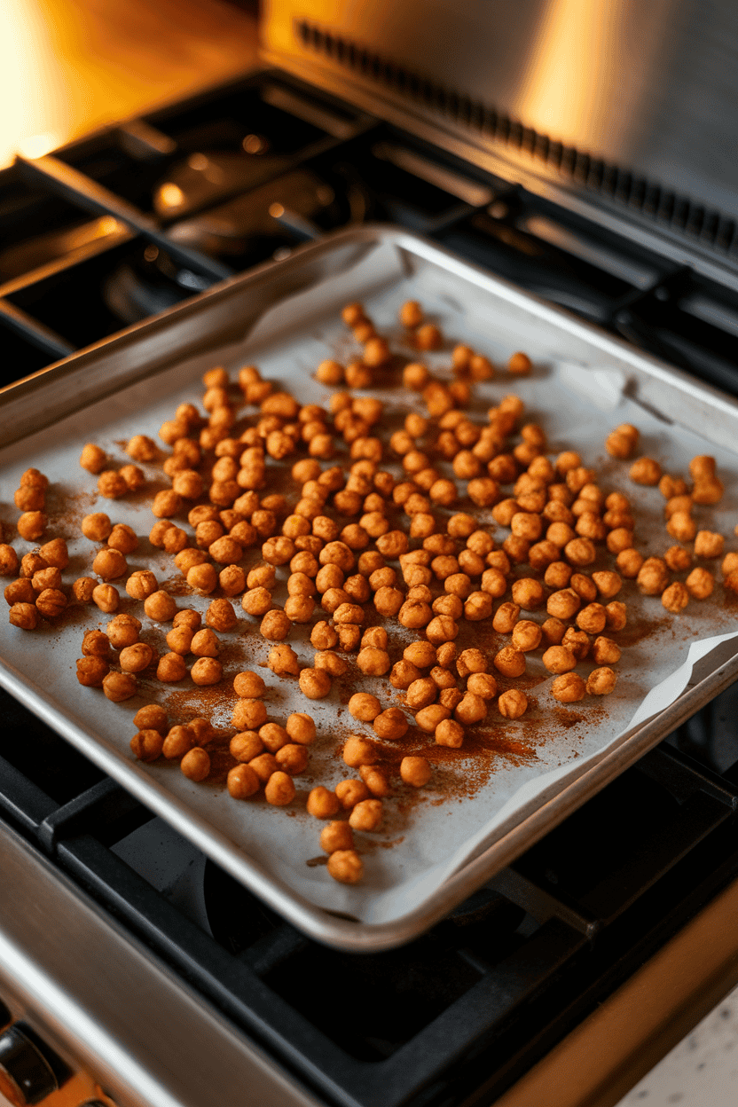 Baking sheet on an indoor stove top with crispy roasted chickpeas coated in paprika, viewed from above. Warm indoor light, no text or logos, photo only.