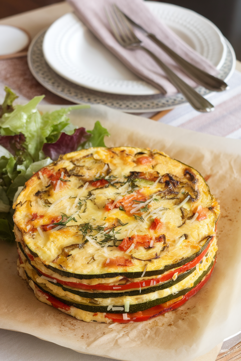 Indoor dining table with rectangular pieces of roasted vegetable frittata neatly stacked on parchment. No text or logos.