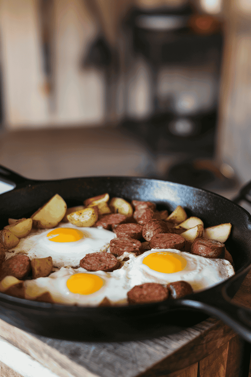 A cast-iron skillet indoors featuring browned potatoes, sausage, and sunny-side-up eggs nestled on top—photo, no text or logos.