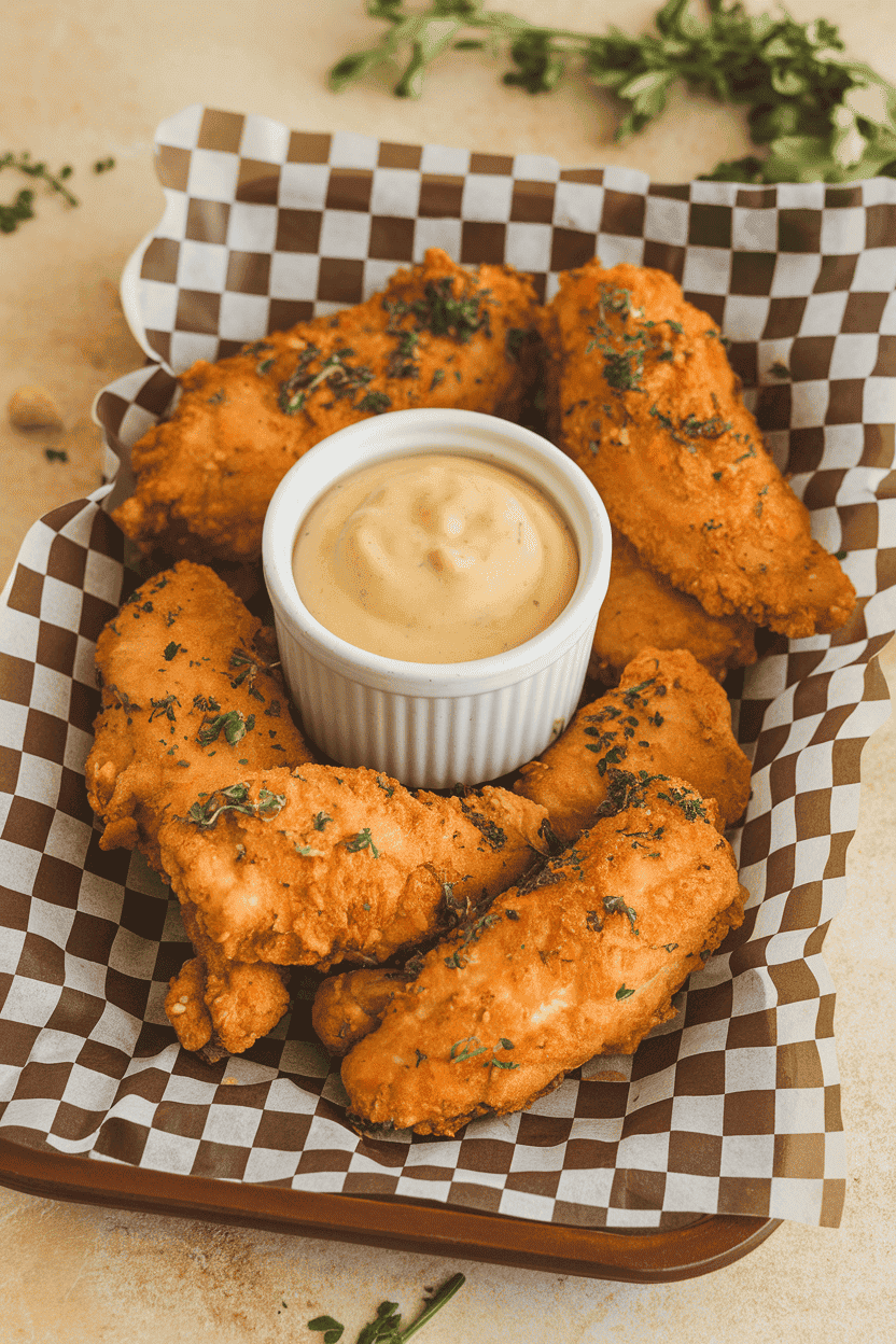 An indoor wooden tray lined with checkered paper holding golden chicken tenders and a ramekin of honey-mustard dipping sauce. Photo, not illustration. No text or logos.