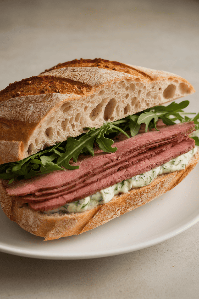 Indoor photo of ciabatta bread layered with thin roast beef slices, arugula, and garlic herb spread. Neutral background, no logos.