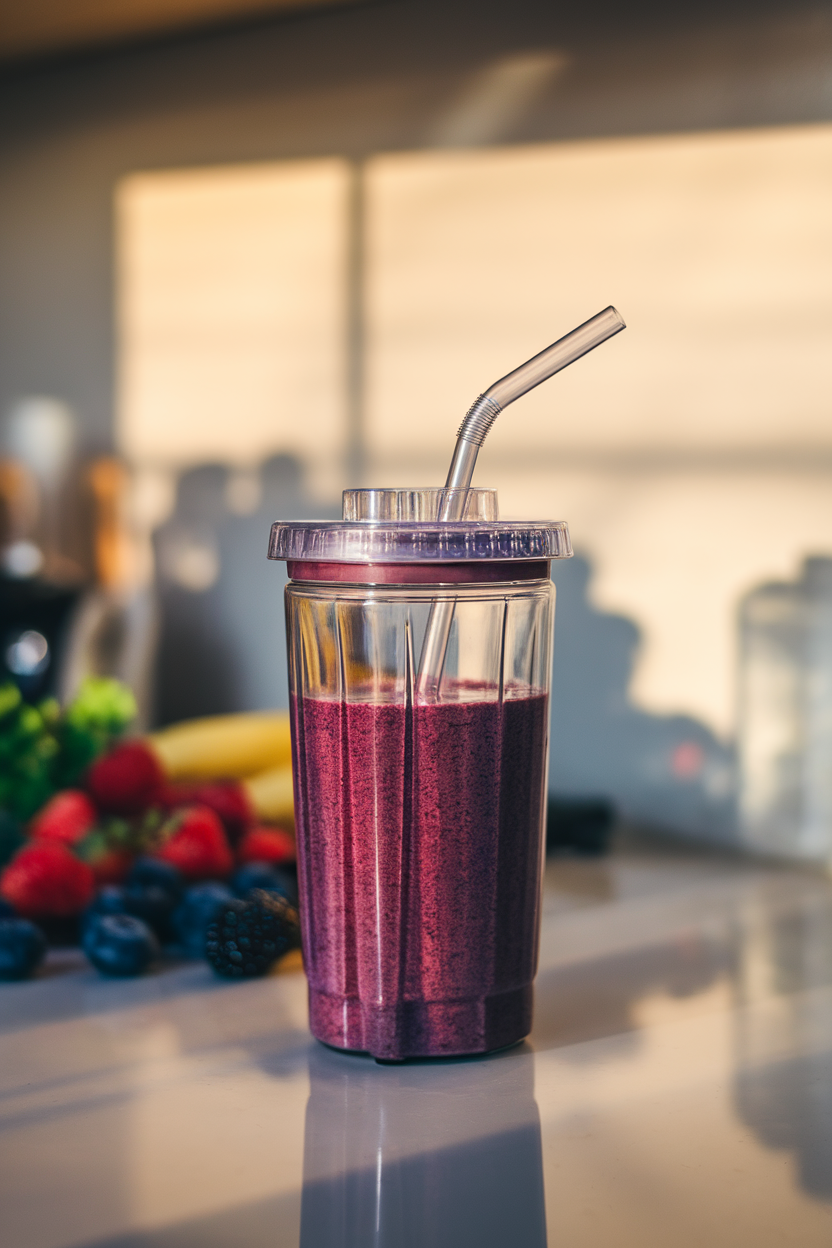 Photo — an indoor kitchen counter with a clear travel blender cup filled with a deep-purple berry smoothie, reusable straw inserted. Soft morning light; no text or logos on cup.
