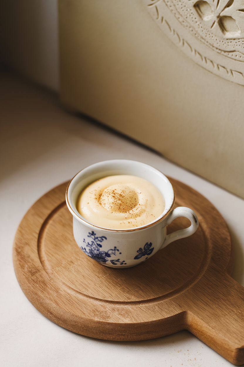 Indoor photo of a small porcelain cup holding silky vanilla custard with a sprinkle of freshly grated nutmeg on top. No text or logos.