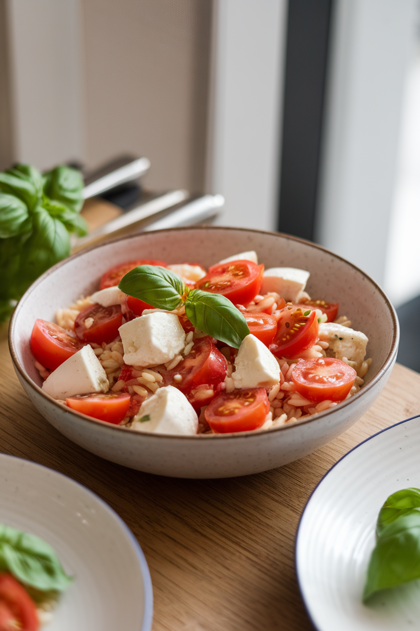 An indoor dining table displaying a bowl of chilled tomato basil orzo salad with diced mozzarella, lightly dressed, no text or logos anywhere.