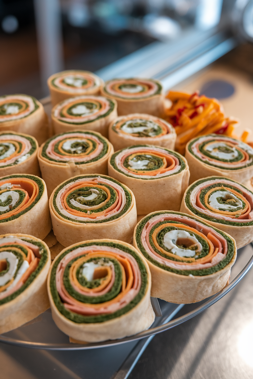 Photo of an indoor counter with a platter of tortilla pinwheels showing spiral layers of turkey, cheddar cheese, spinach, and ranch spread. Shot from a slight angle to highlight the swirls; no text or logos.