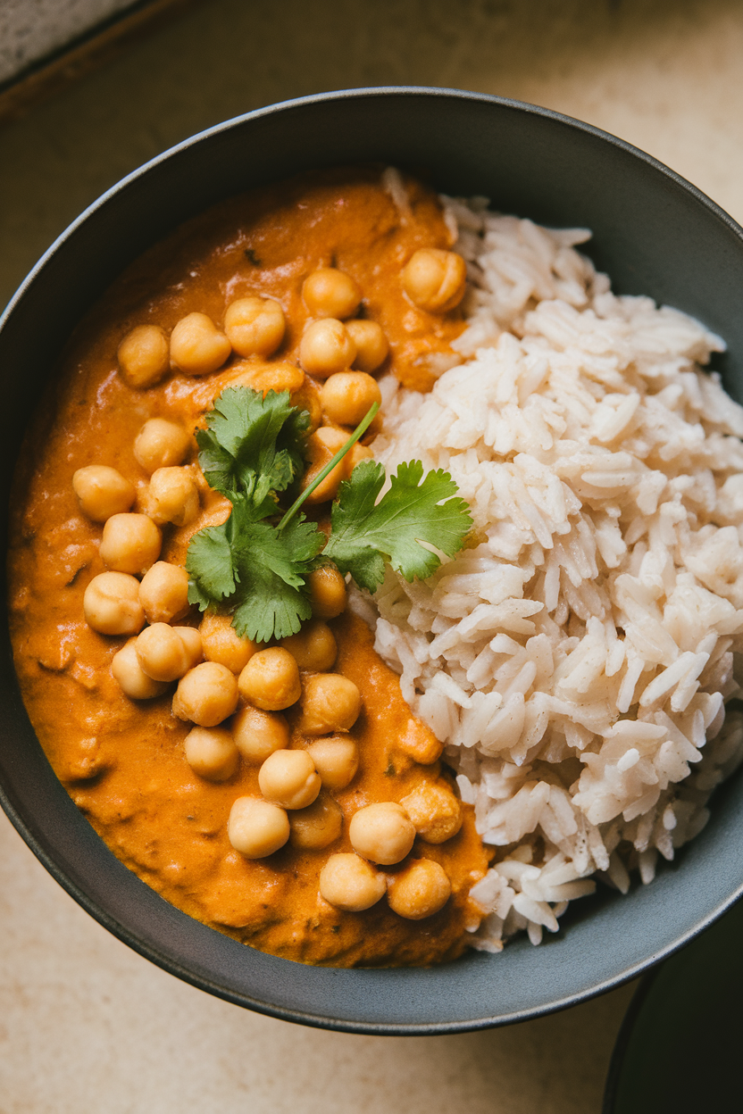 Indoor photo of a bowl of creamy chickpea curry garnished with cilantro alongside a mound of rice. No text or logos.