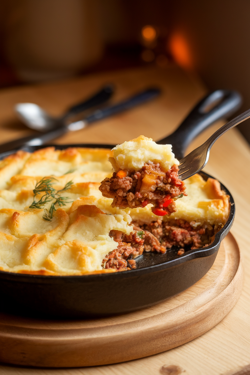 A warmly lit indoor scene showing a skillet of shepherd’s pie with a forkful revealing ground meat and vegetables beneath the mashed potato crust. No text or logos present.