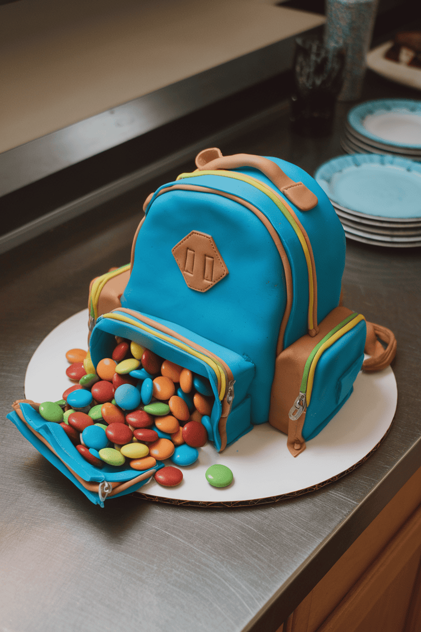An indoor countertop with a backpack-shaped cake sliced open to show candy spilling out, photographed from eye level. Warm lighting, no text or brand marks; photo only.