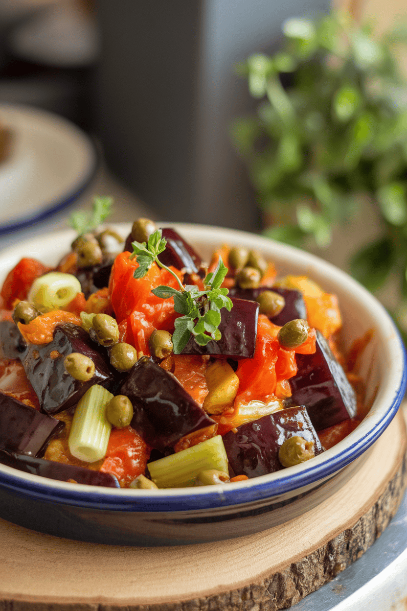 Indoor dish of cooked eggplant cubes mixed with tomato, celery, olives, and capers in a glossy sweet-sour glaze. Photo only, no text or logos.
