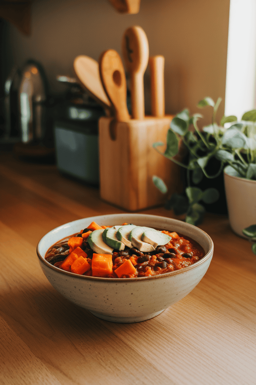 A warmly lit indoor kitchen counter featuring a bowl of chunky chili with visible cubes of orange sweet potato and black beans, topped with avocado slices. Photo only; no text or logos present.