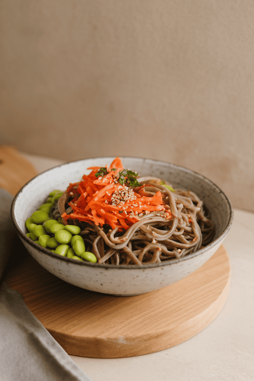 Indoor bowl with chilled soba noodles tossed with shredded carrots, edamame, and sesame seeds. Neutral background, no text or logos.