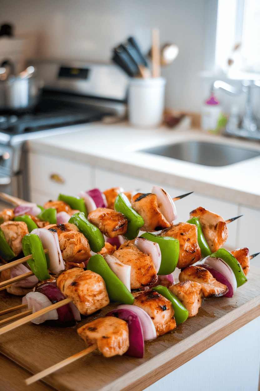 An indoor kitchen island featuring skewers of cooked chicken cubes, lightly charred bell peppers, and onion chunks, all brushed with a glossy key-lime glaze. No logos.