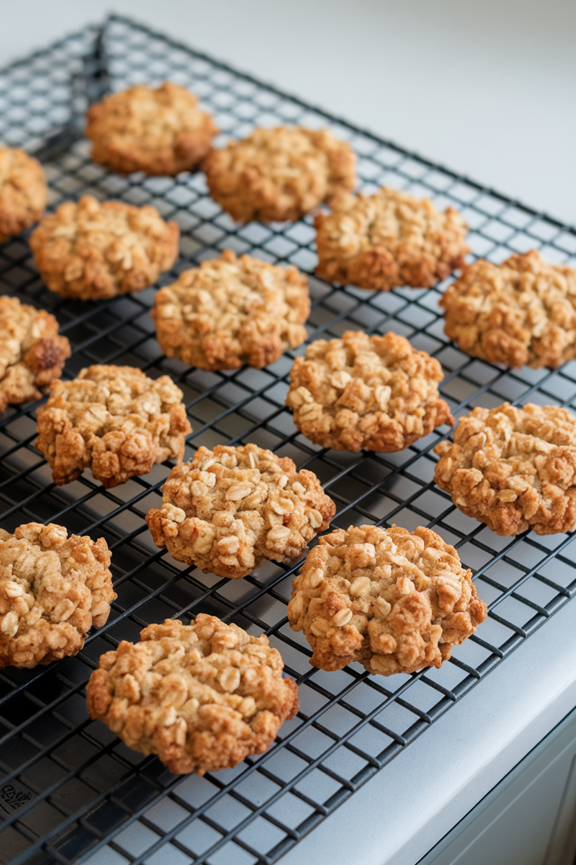 An indoor cooling rack with small two-ingredient banana oat cookies, golden and slightly chewy, no text or logos.