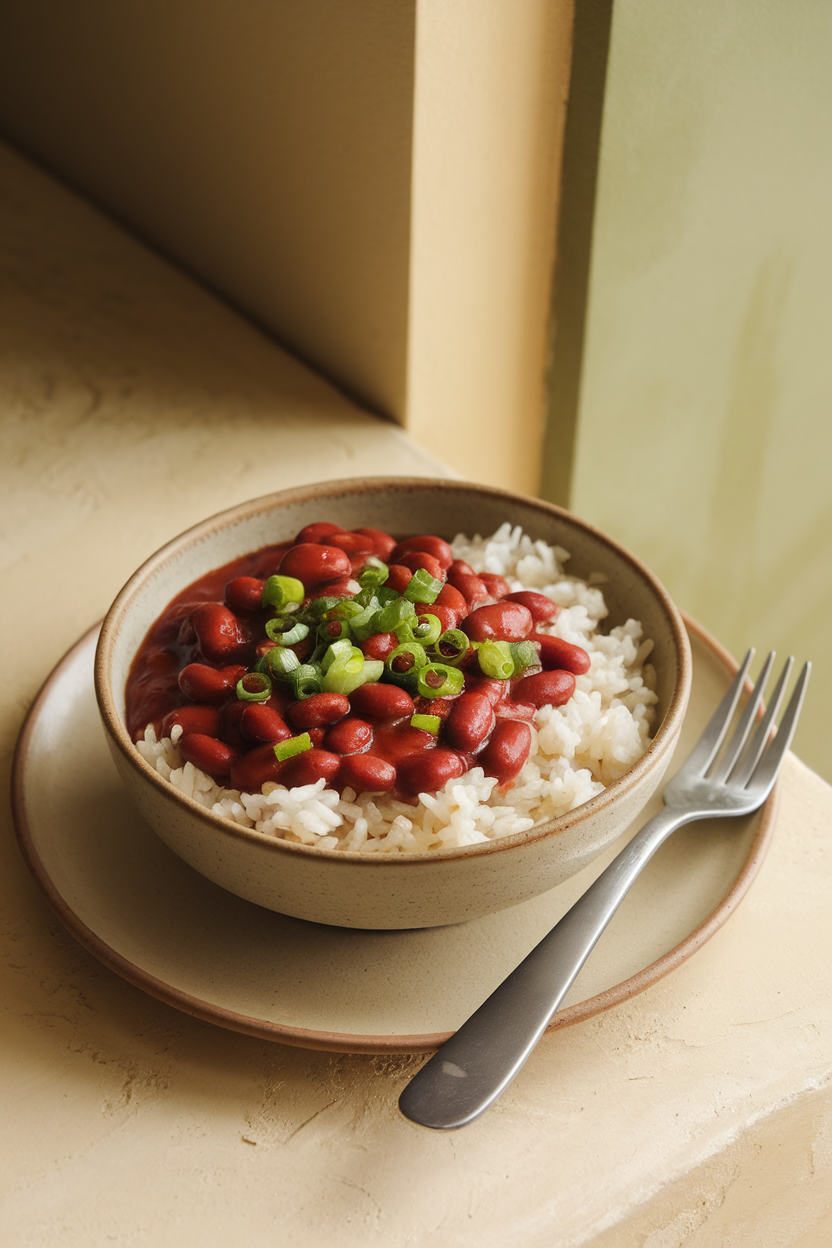 Indoor photo of a bowl of red beans served over fluffy white rice, sprinkled with chopped green onions. No text or logos in the scene.