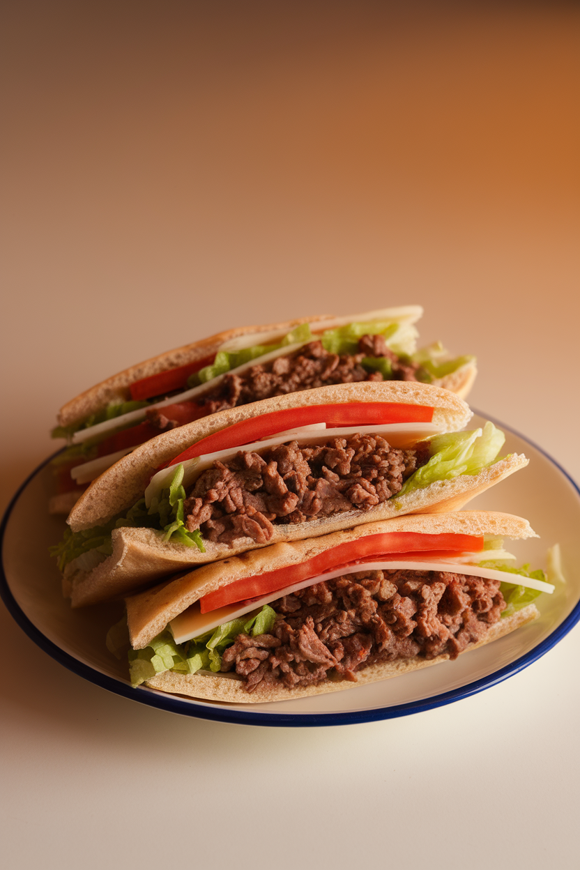 Indoor photo of halved pita breads stuffed with seasoned beef, shredded lettuce, tomato slices, and cheese, neatly arranged on a plate. Warm light, no logos or text. Photo, not illustration.