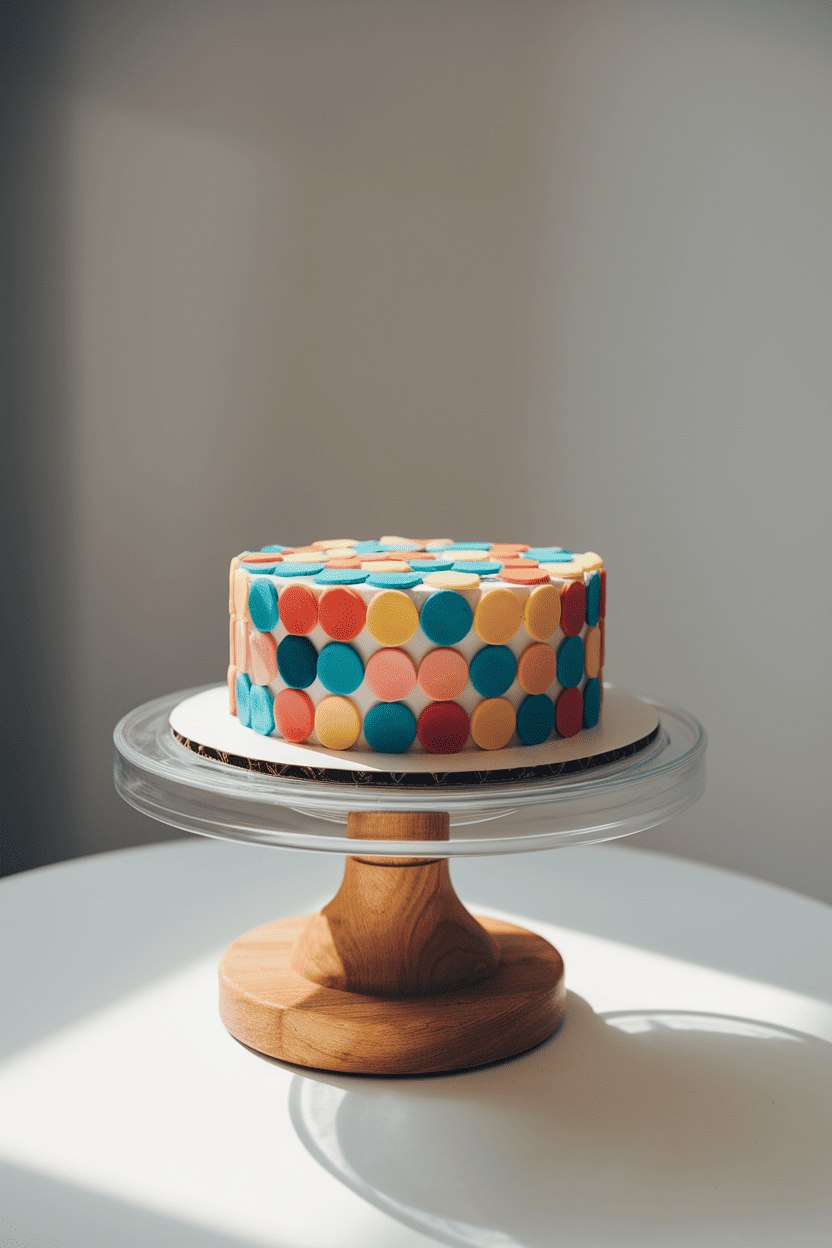 An indoor cake turntable with a round cake decorated in colorful fondant circles resembling scout badges, all under bright studio light. No text or logos present; photo only.