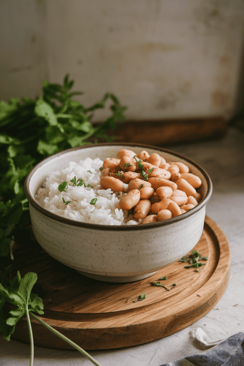 Photo of a simple ceramic bowl filled with white rice and seasoned pinto beans side by side, photographed indoors; no text or logos.