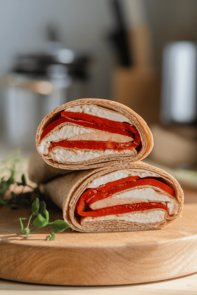 Indoor photo of a rolled whole-wheat wrap sliced to show layers of roasted red pepper strips and soft goat cheese. Soft morning light, no branding.