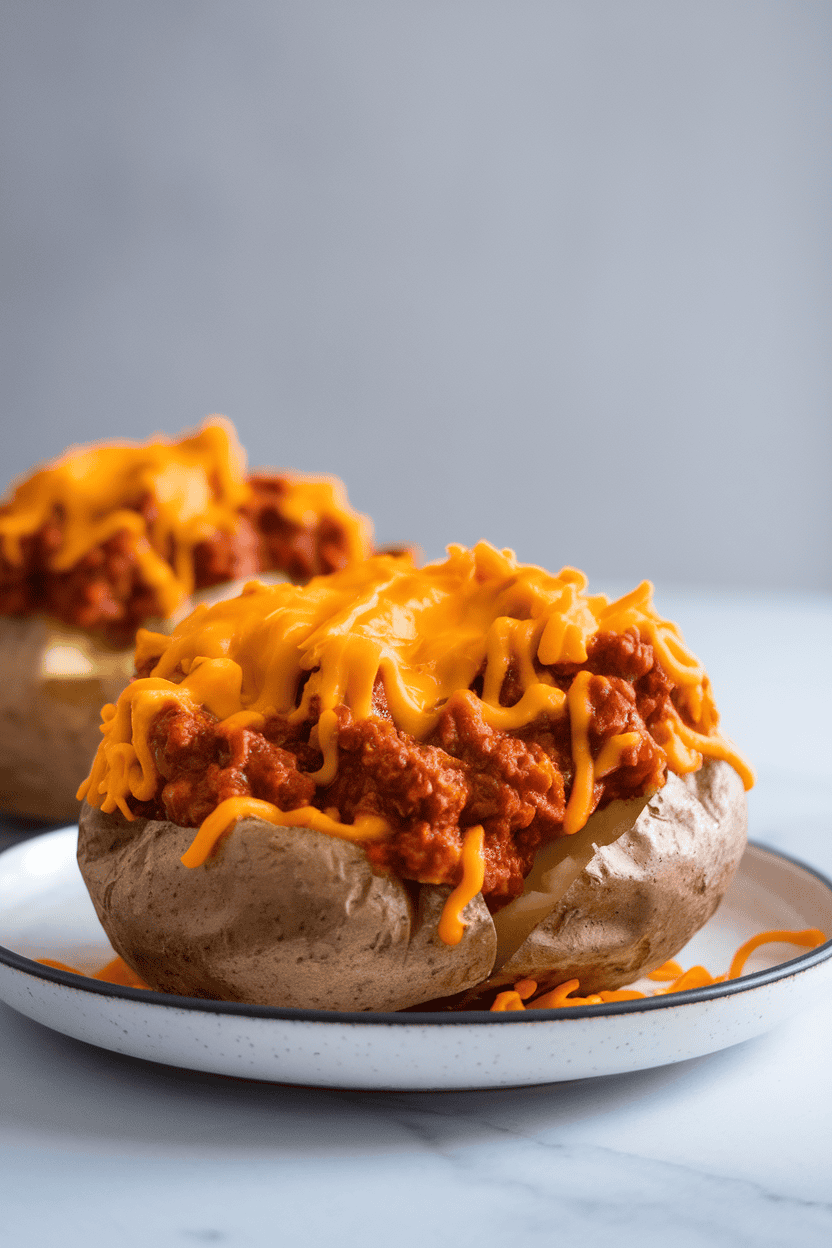 An indoor plate holding a split baked potato overflowing with hearty beef chili and melted cheddar, no text or logos.
