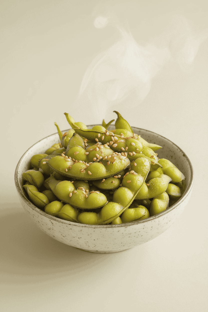An indoor bowl filled with lightly salted, steamed edamame pods sprinkled with sesame seeds, steam faintly visible. Plain background, no text or branding.