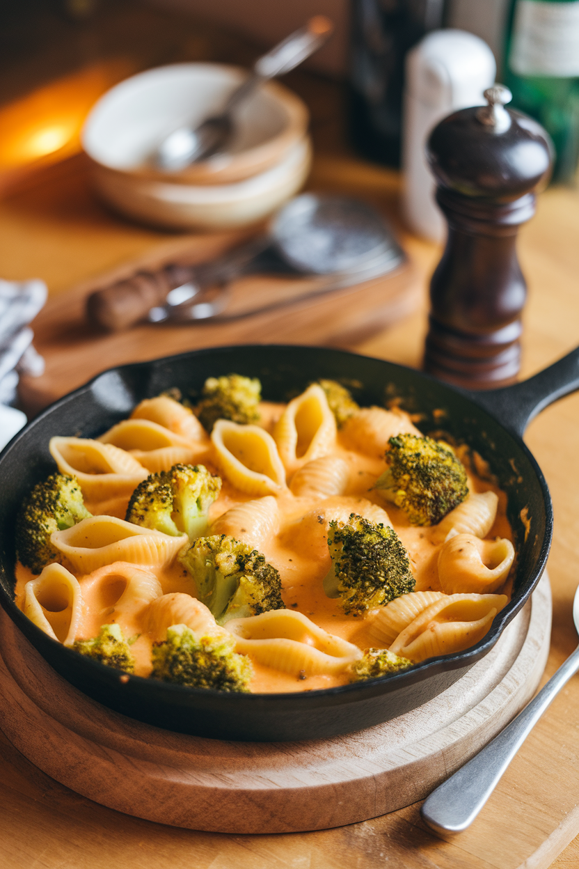 An indoor dining scene featuring a skillet of pasta shells coated in creamy cheddar sauce with bright green broccoli florets. No text or logos appear anywhere.