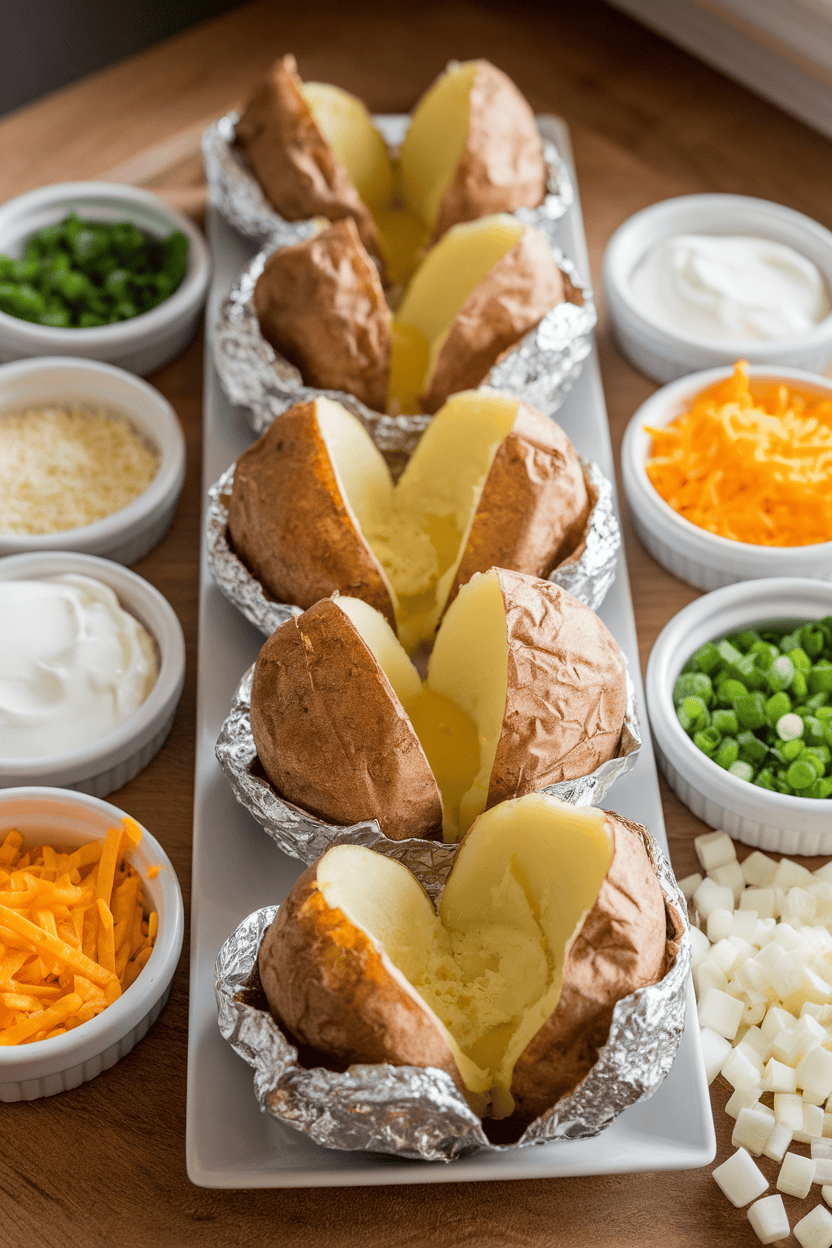 Indoor photo of a long platter of foil-baked potatoes split open, surrounded by small bowls of shredded cheese, chopped green onions, and sour cream. No visible text or logos.