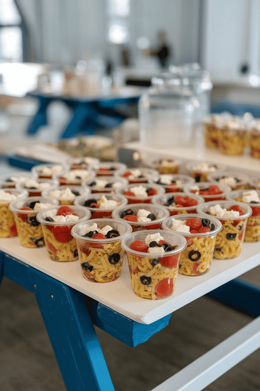 An indoor picnic-style table displaying individual lidded cups of colorful pasta salad with cherry tomatoes, olives, and feta. No text or logos visible. Photo, not illustration.