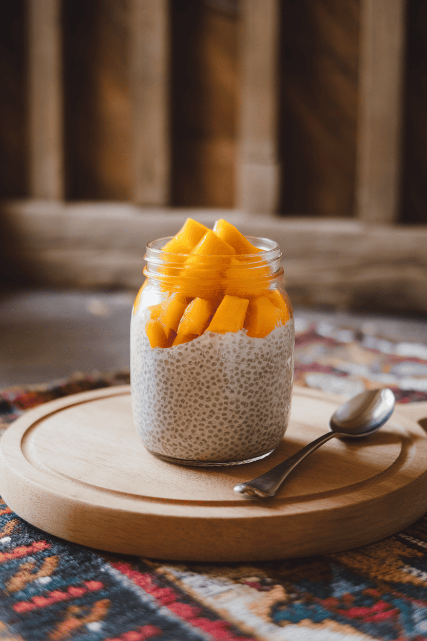 An indoor breakfast nook with a clear glass jar layered with creamy coconut chia pudding and bright mango puree on top. No text or logos visible.